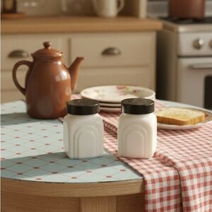 🧂 Vintage McKee White Milk Glass Salt & Pepper Shakers w/ Black Lids